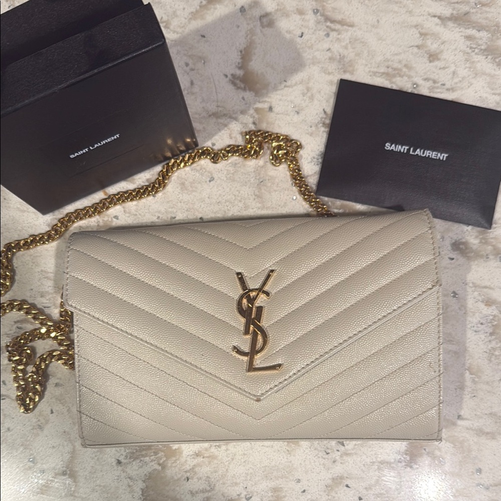 Saint Laurent Beige Quilted Crossbody with Gold Chain